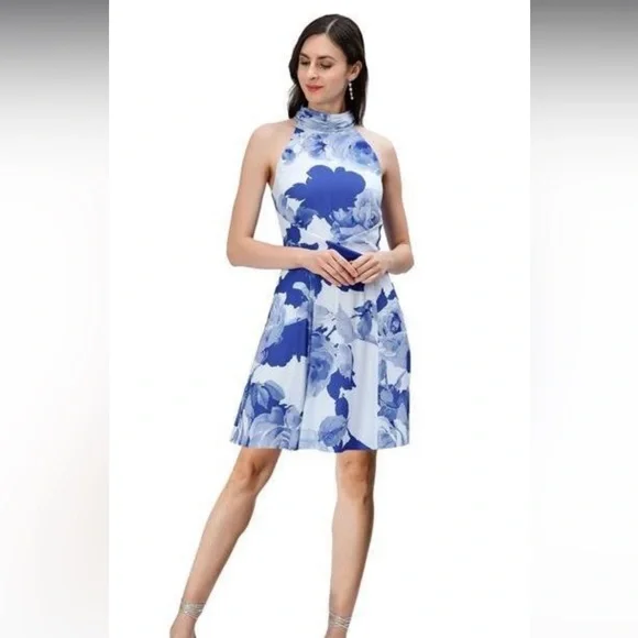 Eshakti Dresses | Eshakti Watercolor Floral Crepe Halter Dress Womens M Etc | Color: Blue/White | Size: M | Gj1519'S Closet